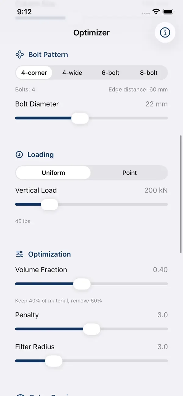 PlateOptimize main view showing the generated base-plate geometry