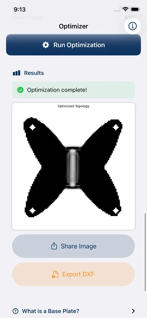 PlateOptimize settings view showing plate dimensions, bolt layout, column geometry and loading inputs