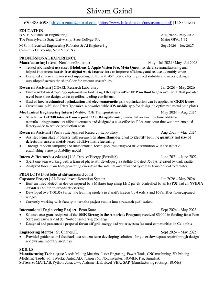 First page of Shivam Gaind's résumé